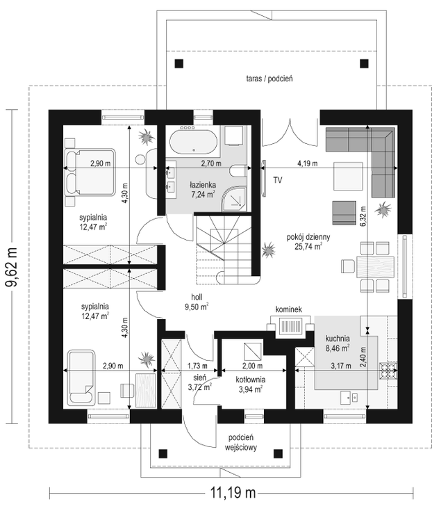 Rzut parteru POW. 83,5 m²