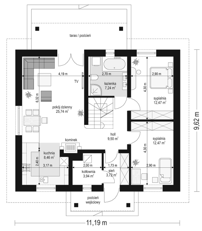 Rzut parteru lustro POW. 83,5 m²