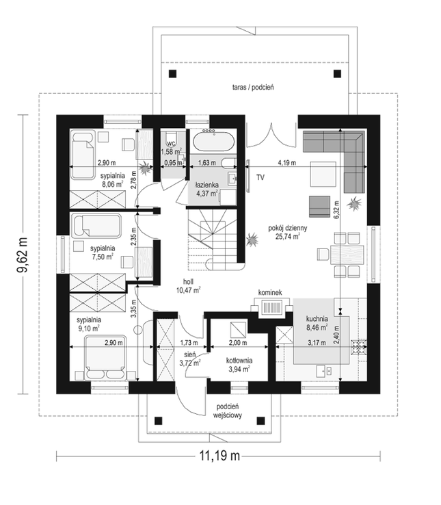 Rzut parteru POW. 82,9 m²