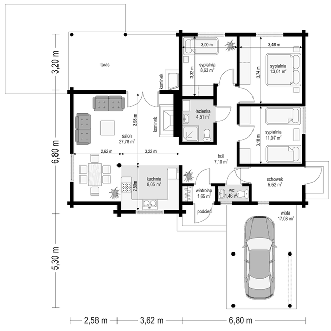 Rzut parteru POW. 88,8 m²