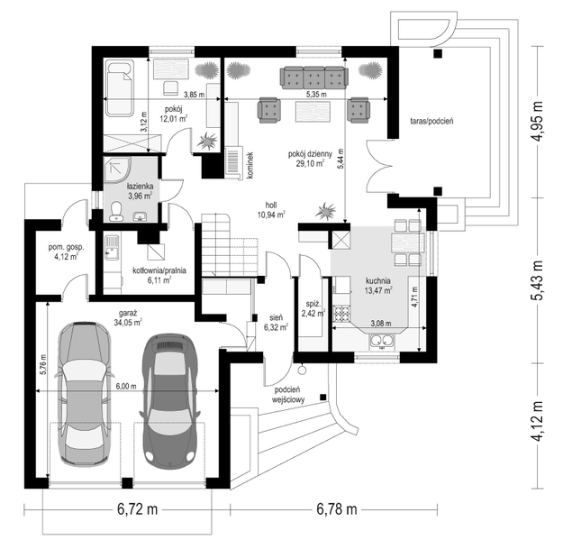 Rzut parteru POW. 122,5 m²