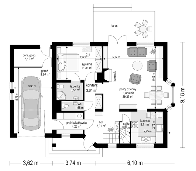 Rzut parteru POW. 95,8 m²