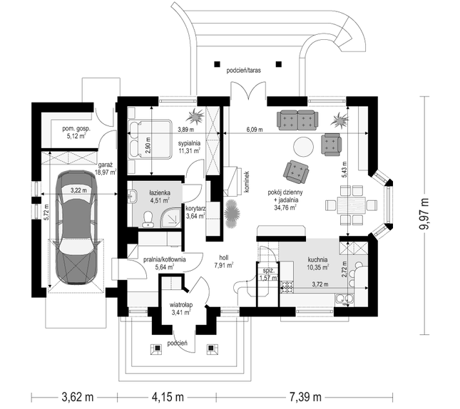 Rzut parteru POW. 107,2 m²