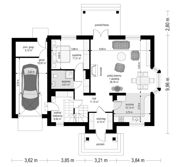 Rzut parteru POW. 107,0 m²