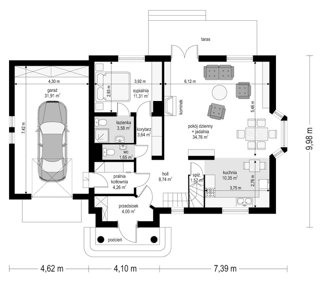 Rzut parteru POW. 115,8 m²