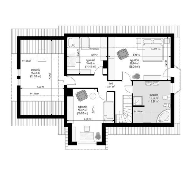 Rzut poddasza POW. 116,4 m²