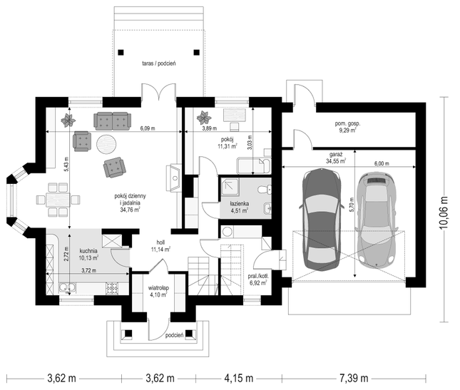 Rzut parteru POW. 126,7 m²