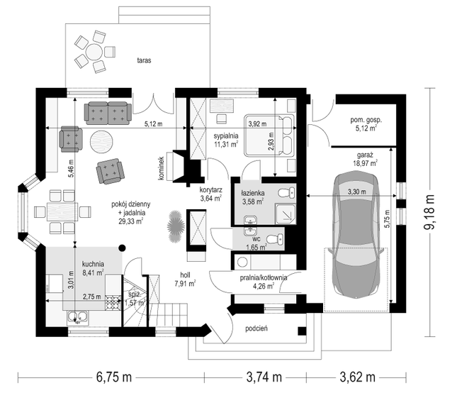 Rzut parteru POW. 95,8 m²