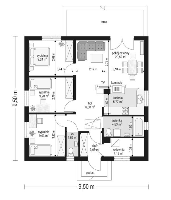 Rzut parteru POW. 74,2 m²