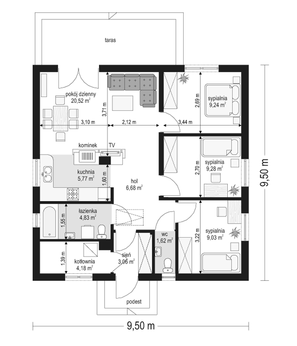 Rzut parteru lustro POW. 74,2 m²