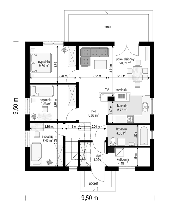 Rzut parteru POW. 70,9 m²