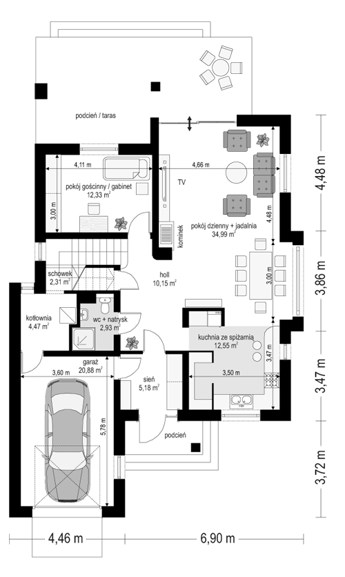 Rzut parteru POW. 105,8 m²