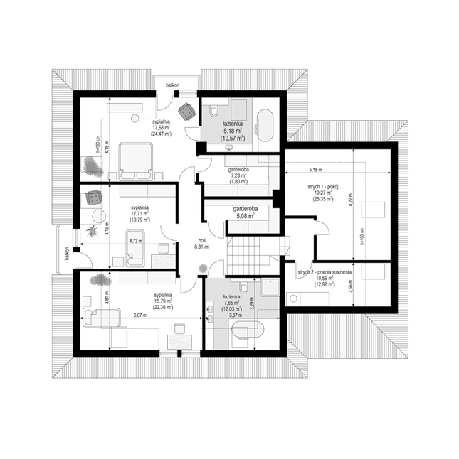 Rzut poddasza POW. 149,2 m²