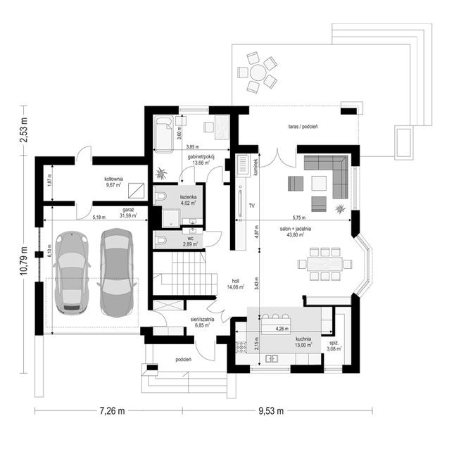 Rzut parteru POW. 142,6 m²