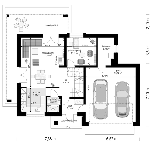 Rzut parteru POW. 102,9 m²