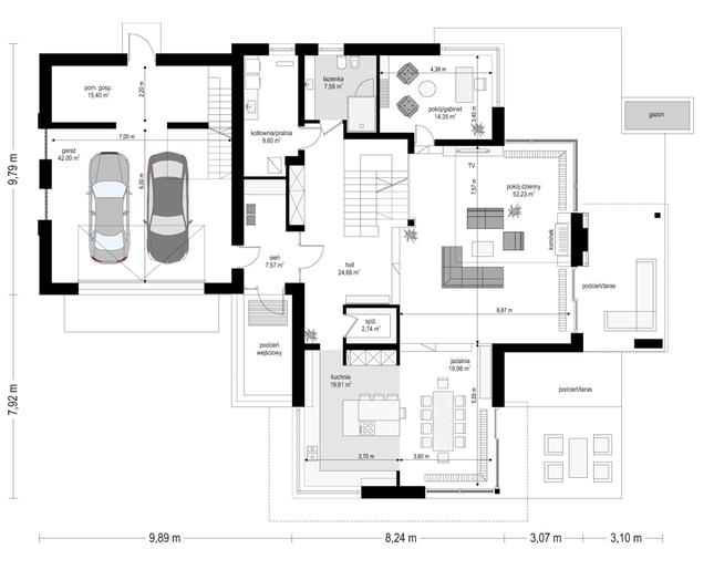 Rzut parteru POW. 216,8 m²