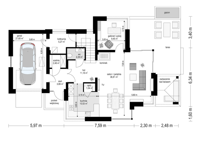 Rzut parteru POW. 104,5 m²