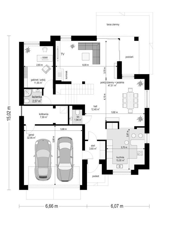 Rzut parteru POW. 135,1 m²