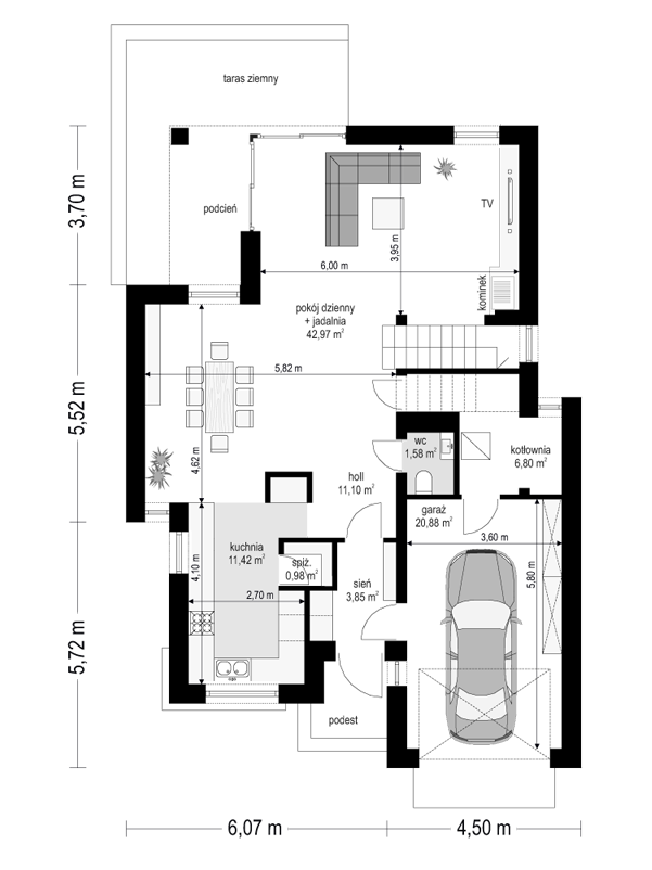 Rzut parteru POW. 99,6 m²