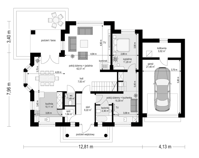 Rzut parteru POW. 126,8 m²