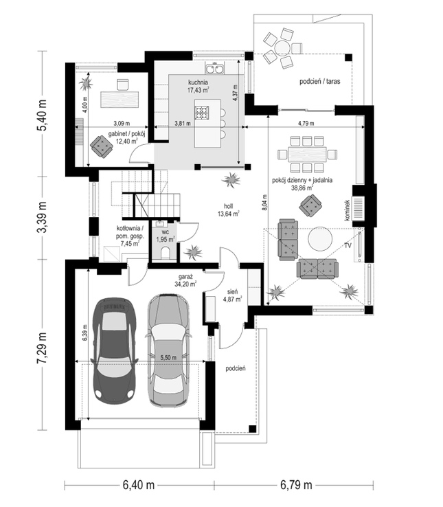 Rzut parteru POW. 130,8 m²