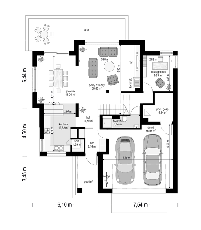 Rzut parteru POW. 133,6 m²