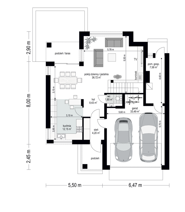 Rzut parteru POW. 104,4 m²