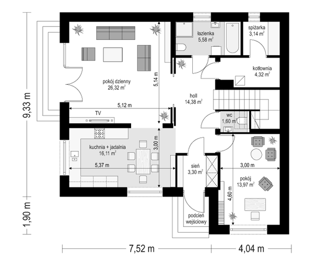 Rzut parteru POW. 88,7 m²