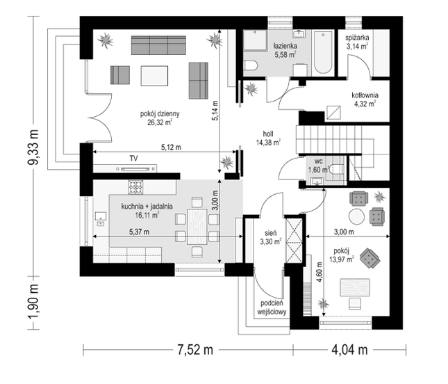 Rzut parteru POW. 88,7 m²