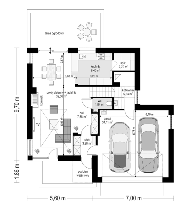 Rzut parteru POW. 96,8 m²