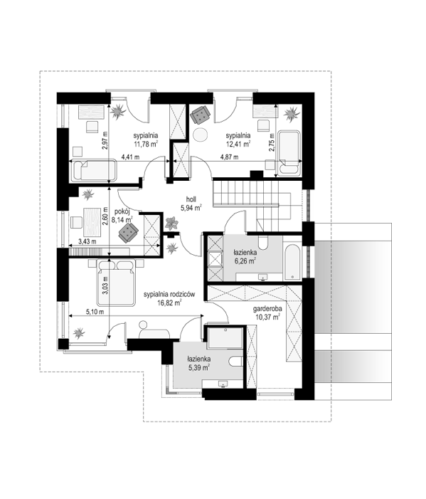 Rzut piętra POW. 77,1 m²