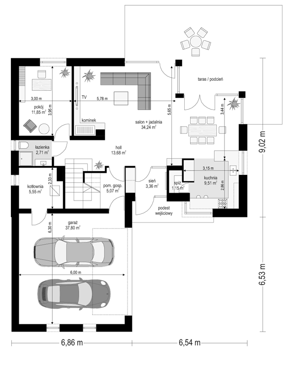 Rzut parteru POW. 124,9 m²