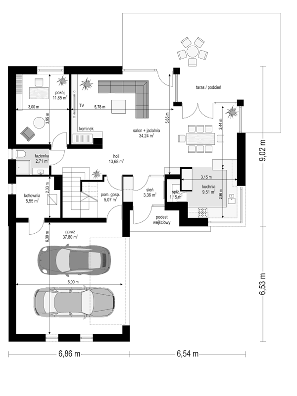 Rzut parteru POW. 124,9 m²