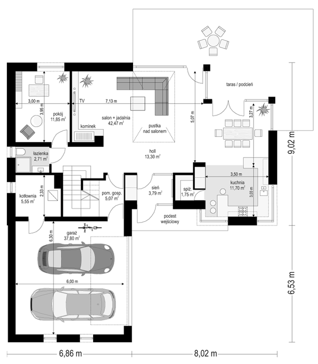 Rzut parteru POW. 136,0 m²