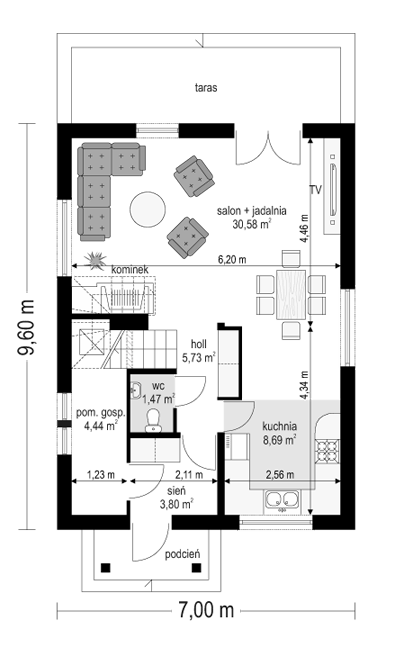 Rzut parteru POW. 54,7 m²