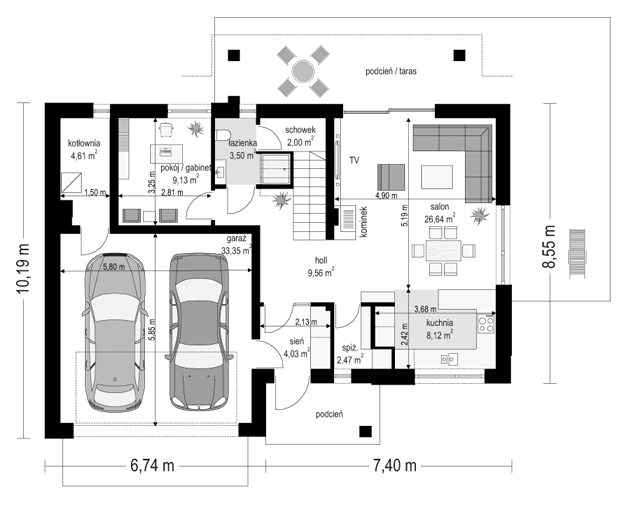 Rzut parteru POW. 103,4 m²