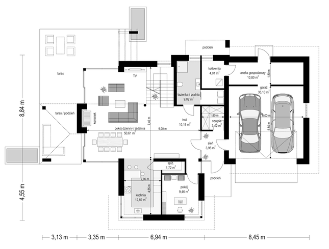 Rzut parteru POW. 151,0 m²