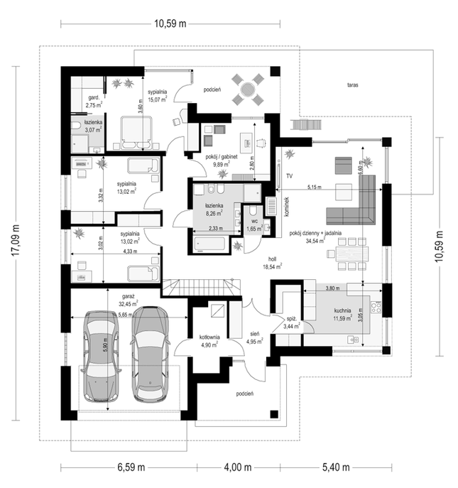 Rzut parteru POW. 177,1 m²