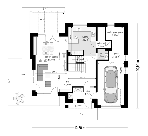 Rzut parteru POW. 92,7 m²