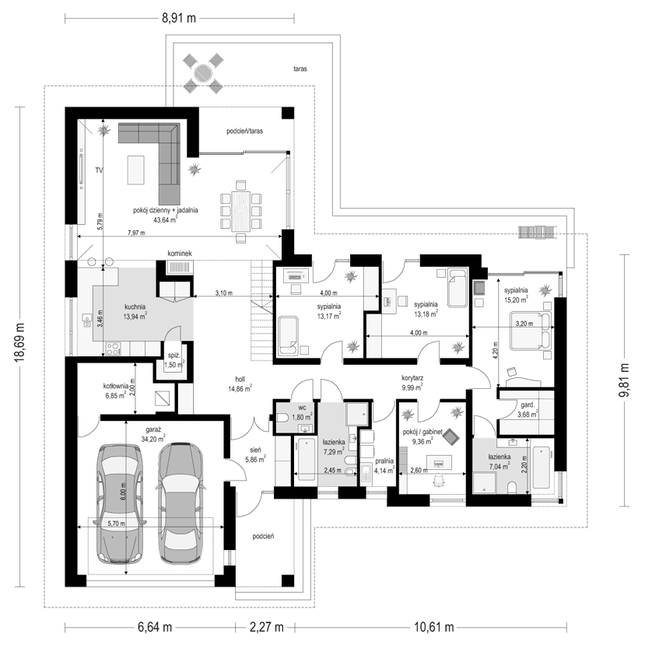 Rzut parteru POW. 205,7 m²