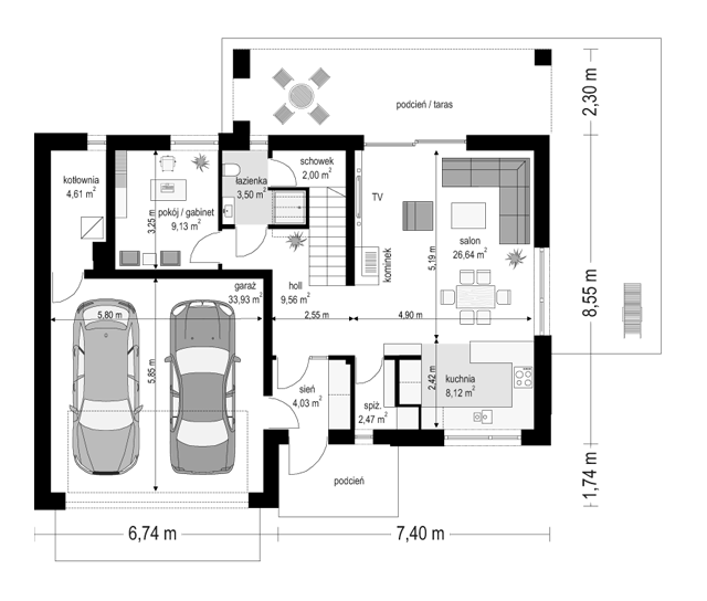 Rzut parteru POW. 104,0 m²