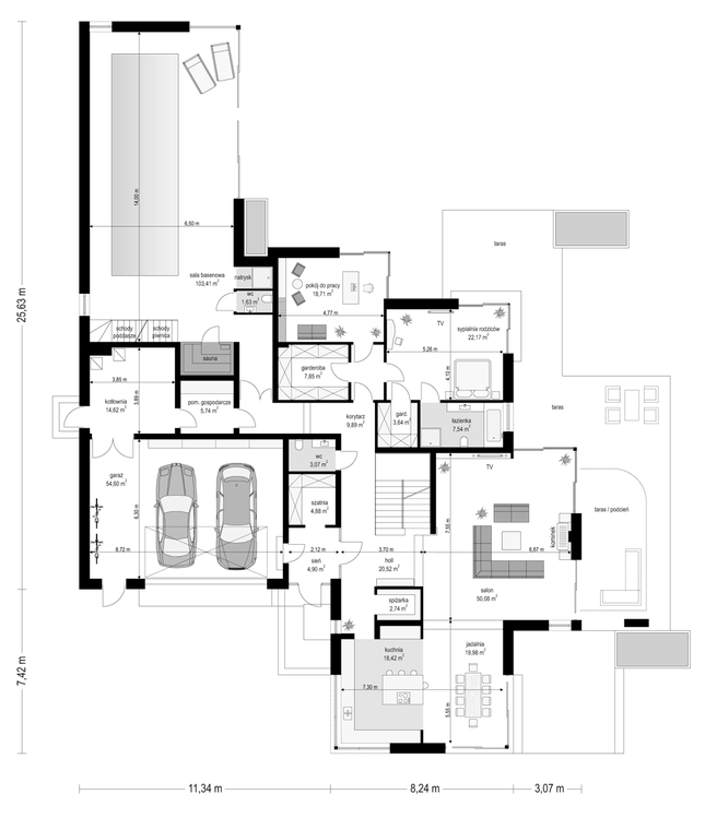 Rzut parteru POW. 374,4 m²