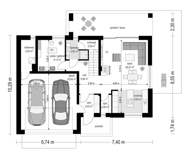 Rzut parteru POW. 104,0 m²