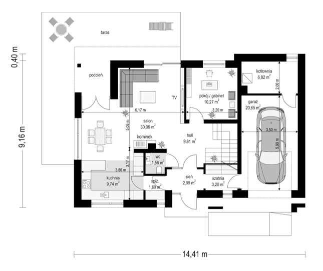 Rzut parteru POW. 96,9 m²