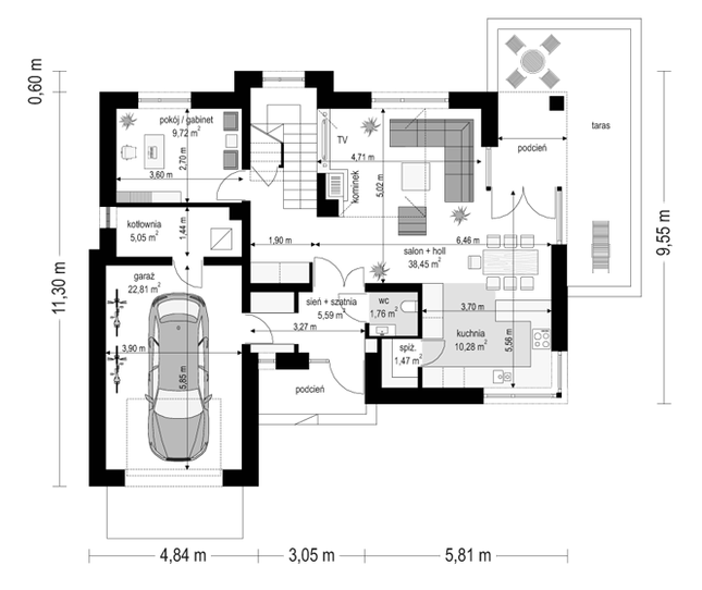 Rzut parteru POW. 95,1 m²