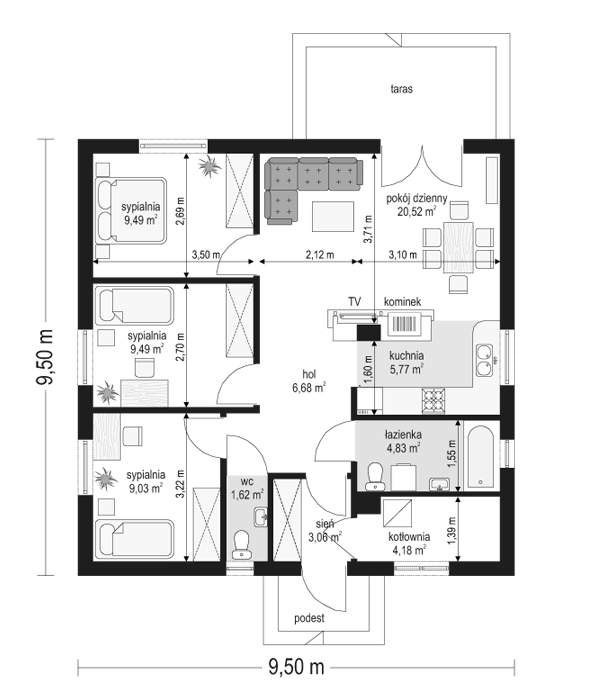 Rzut parteru POW. 74,7 m²