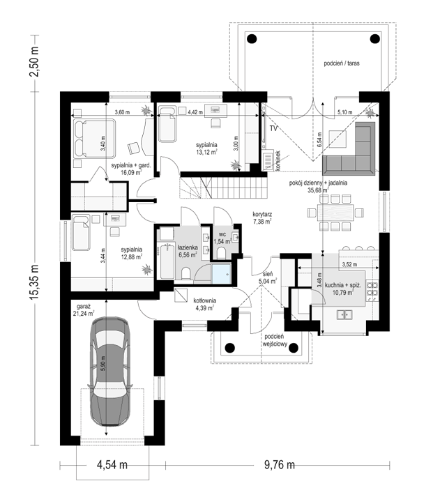 Rzut parteru POW. 134,7 m²