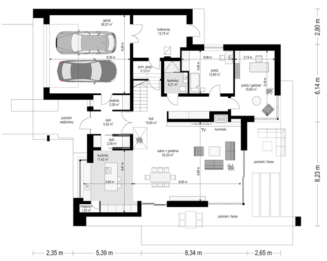 Rzut parteru lustro POW. 188,5 m²