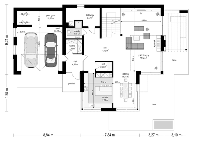 Rzut parteru POW. 177,4 m²