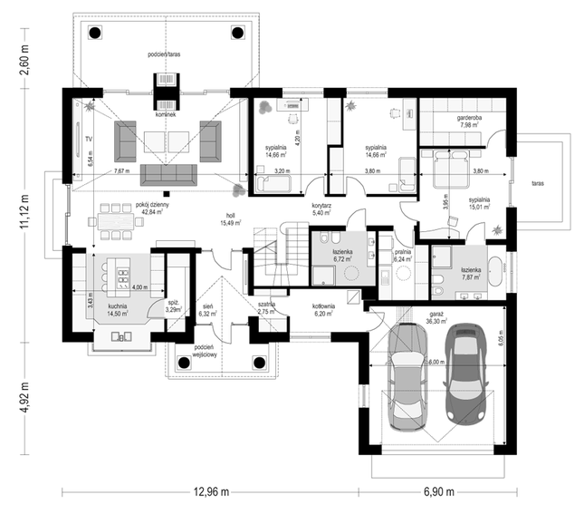 Rzut parteru lustro POW. 206,2 m²
